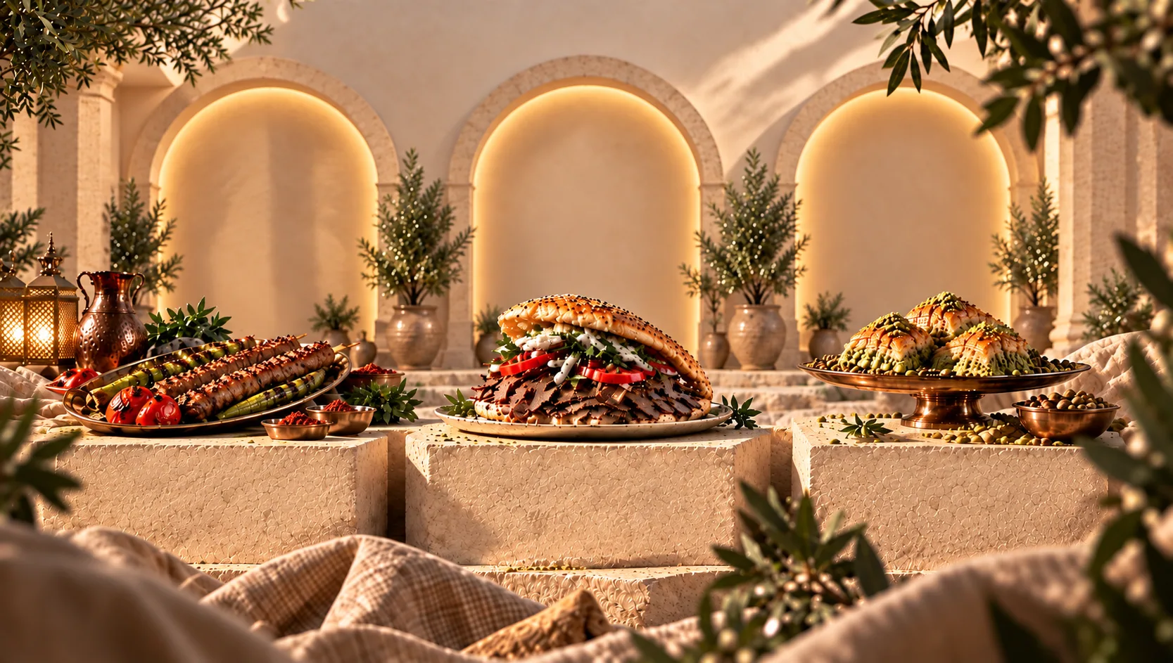 Von links nach rechts: Adana, Beef Döner und Baklava auf drei Steinpodesten in einem sonnigen mediterranen Innenhof.
