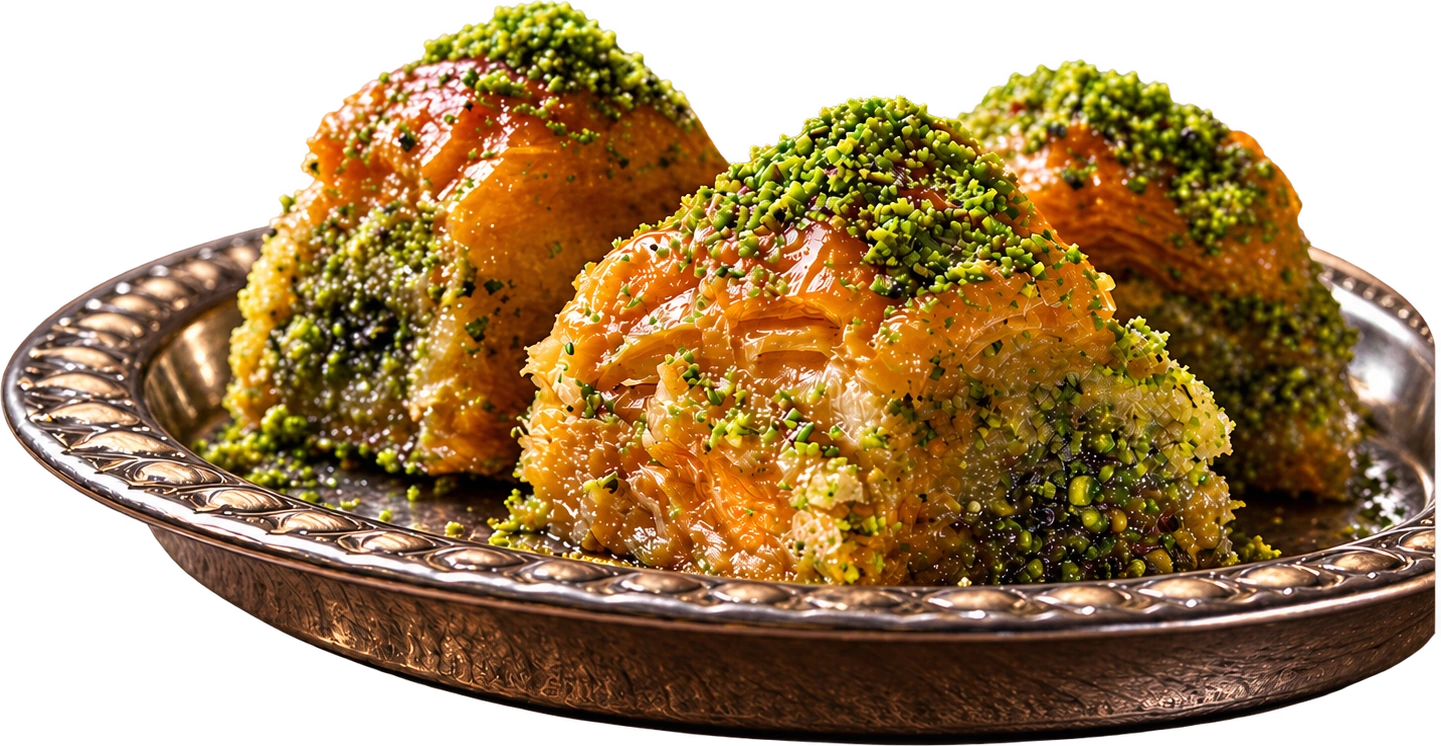 Golden pistachio baklava on an ornate silver platter