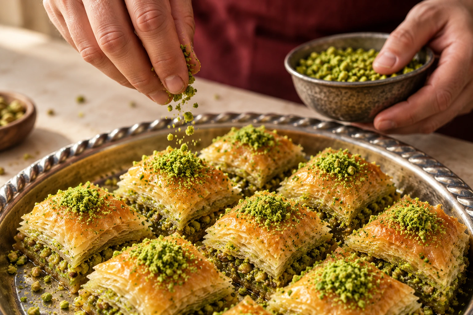 Hands sprinkling chopped pistachios over golden baklava