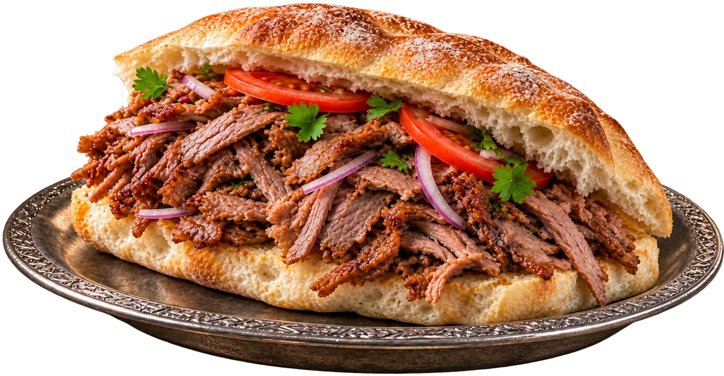 Beef döner with roasted slices of meat on a silver platter