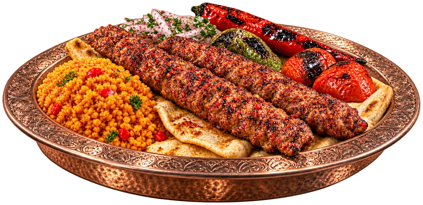 Adana skewers on a copper-coloured platter in front of a warmly lit arch